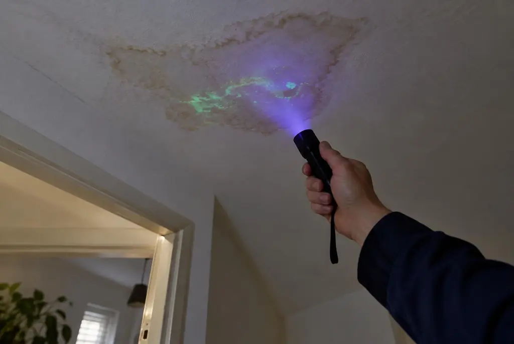 Lekdetectie Barendrecht – kleurstof controleren op het plafond met uv-licht