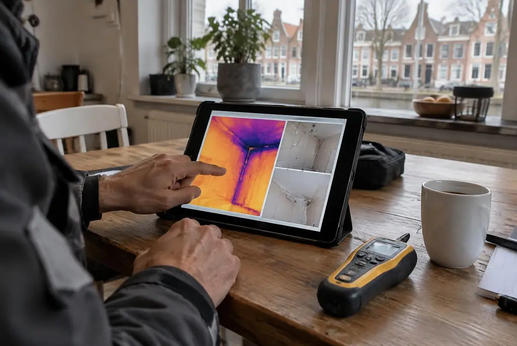 Lekdetectie Barendrecht – lekdetectierapport met warmtebeelden en foto's op een tablet