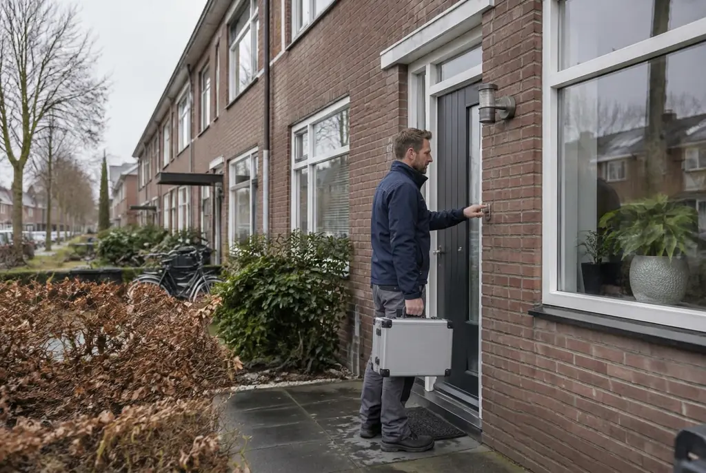 Lekdetectiespecialist met meetkoffer bij de voordeur van een woning in Barendrecht